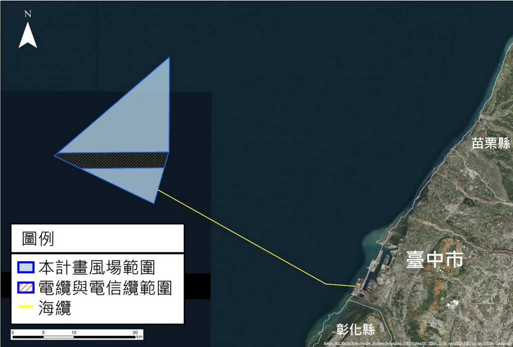 北能離岸風電位在台中市外海，面積約188平方公里、離岸距離35公里。圖片來源：擷取自環評書件