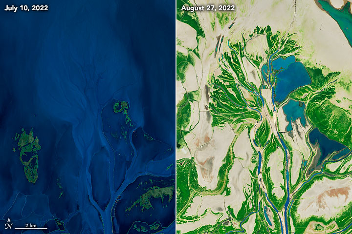 衛星圖像顯示2022年夏天中國鄱陽湖面積快速縮小（右：2022/7。左：2022/8）。資料來源：NASA