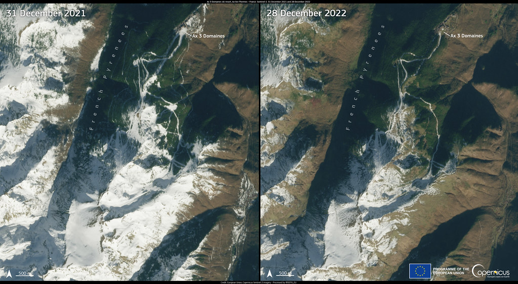 破紀錄的冬季熱浪橫掃阿爾卑斯山，使得多地相較以往，少了白雪皚皚的風光。圖片來源： Copernicus